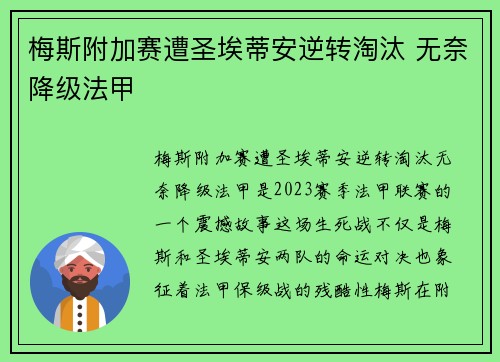 梅斯附加赛遭圣埃蒂安逆转淘汰 无奈降级法甲 梅斯附加赛遭圣埃蒂安逆转淘汰 无奈降级法甲